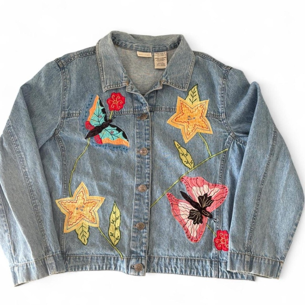 Vintage White Stag Butterfly Patchwork & Embroidered Denim Jacket, Size XL